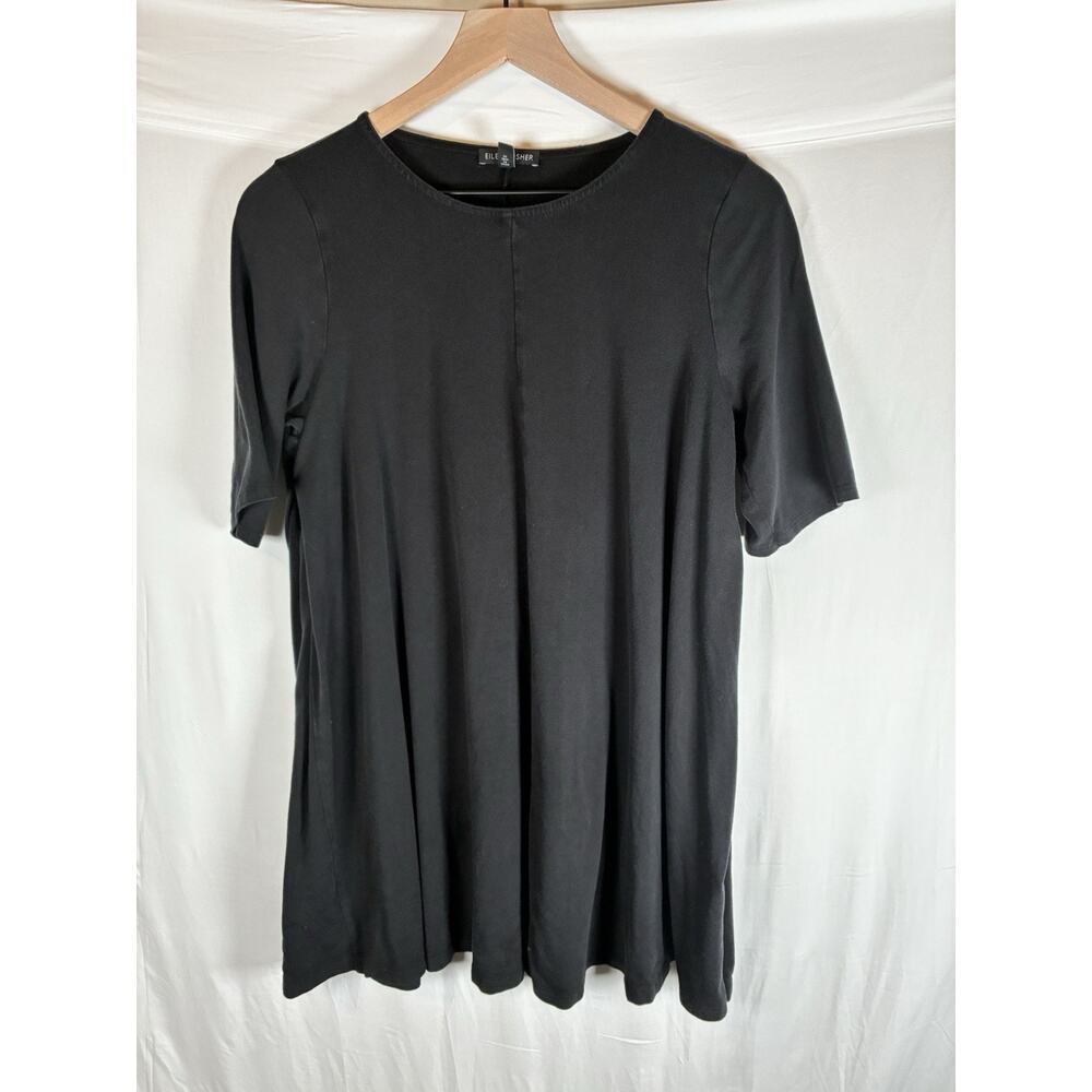 Eileen Fisher Tencel TUNIC M Womens 3/4 Sleeve Black Blouse Lagenlook Classic